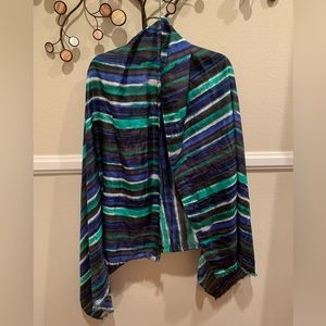 Banana Republic 💯% Silk Large Shawl Blue Green Brown White Stripes